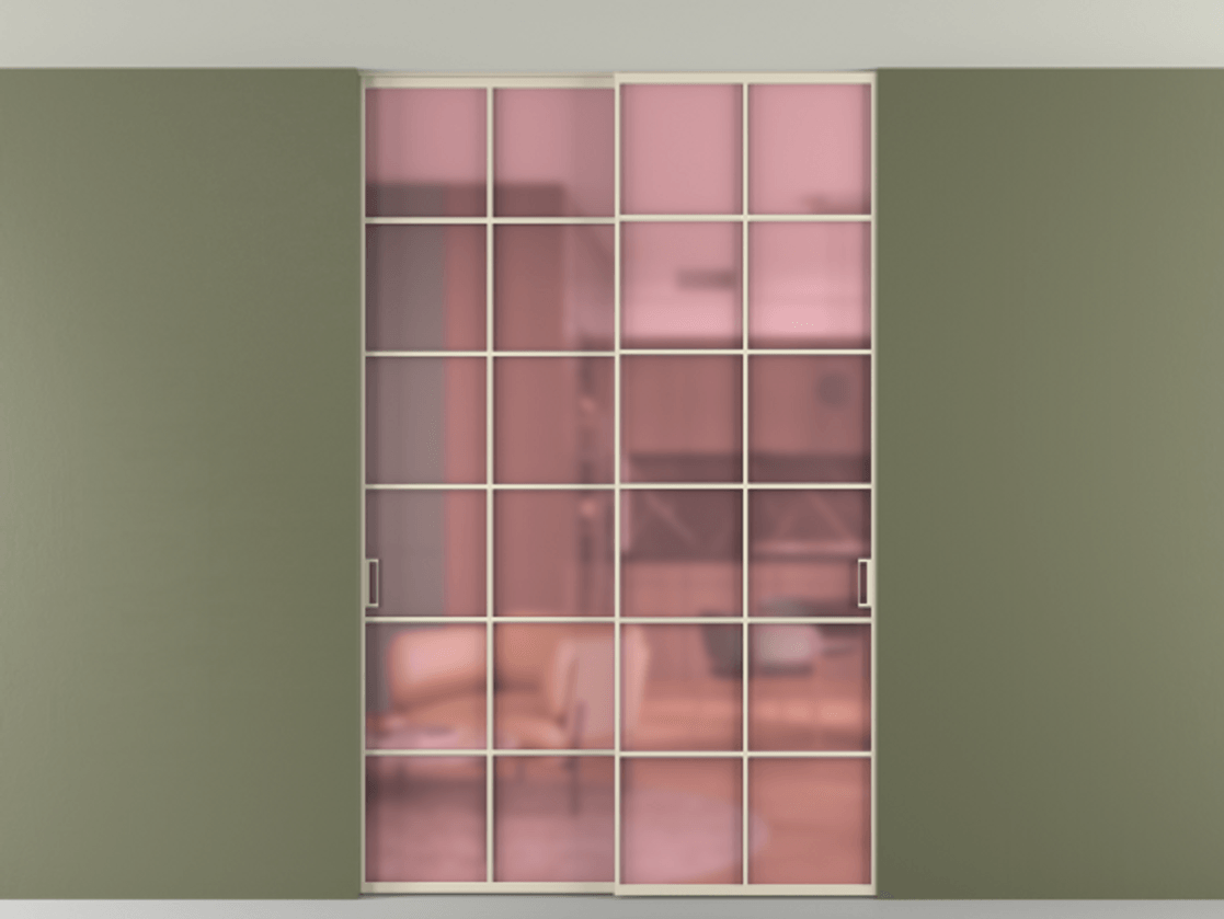 Перегородка Формато внутри проёма скрытое крепление в потолок 2 створки АЛПР 040.05 Алюминий бежево-серый Сатинированное розовое стекло, триплекс Цена 261085 ₽ | Volhovec