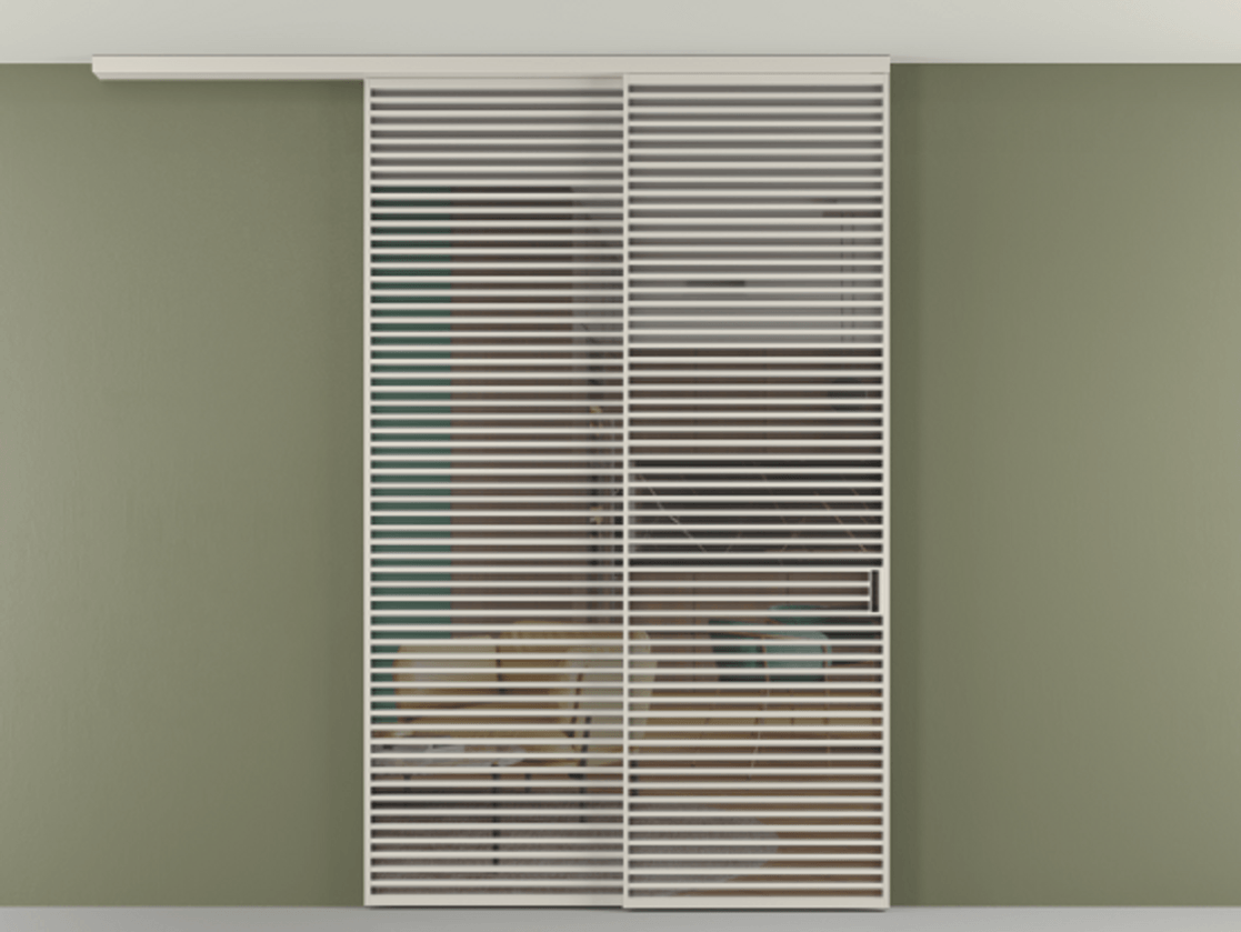 Перегородка Формато вдоль стены на потолок 2 створки с синхронным механизмом АЛПР 040.07 Алюминий облачно-серый Прозрачное серое стекло, триплекс Цена 450456 ₽ | Volhovec