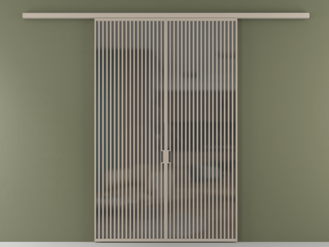 Перегородка Formato вдоль стены 2 створки АЛПР 040.06 Алюминий бисквитный Сатинированное серое стекло, триплекс Цена 429000 ₽ | Volhovec