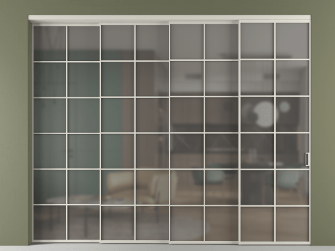 Перегородка Формато внутри проёма 4 створки с синхронным механизмом АЛПР 040.05 Алюминий тёплый серый Сатинированное серое стекло, триплекс Цена 488680 ₽ | Volhovec