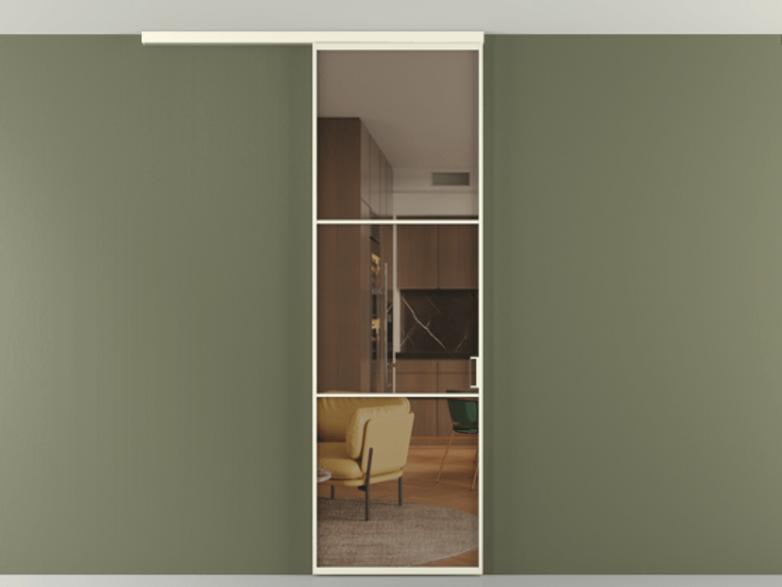 Перегородка Формато вдоль стены на потолок 1 створка АЛПР 040.03 Алюминий молочно-белый Прозрачное бронзовое стекло, триплекс Цена 100988 ₽ | Volhovec