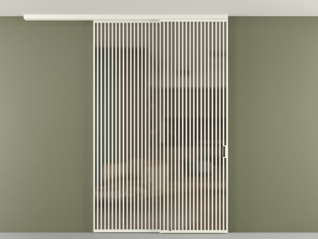 Перегородка Формато вдоль стены на потолок 2 створки с синхронным механизмом АЛПР 040.06 Алюминий жемчужный Сатинированное бронзовое стекло, триплекс Цена 450456 ₽ | Volhovec