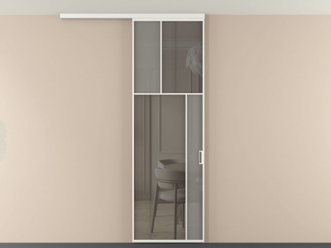 Перегородка Мозаик вдоль стены на потолок 1 створка АЛПР 041.23 Алюминий светло-серый Сатинированное серое стекло, триплекс, 6 мм + Прозрачное серое стекло, триплекс Цена 135040 ₽ | Volhovec