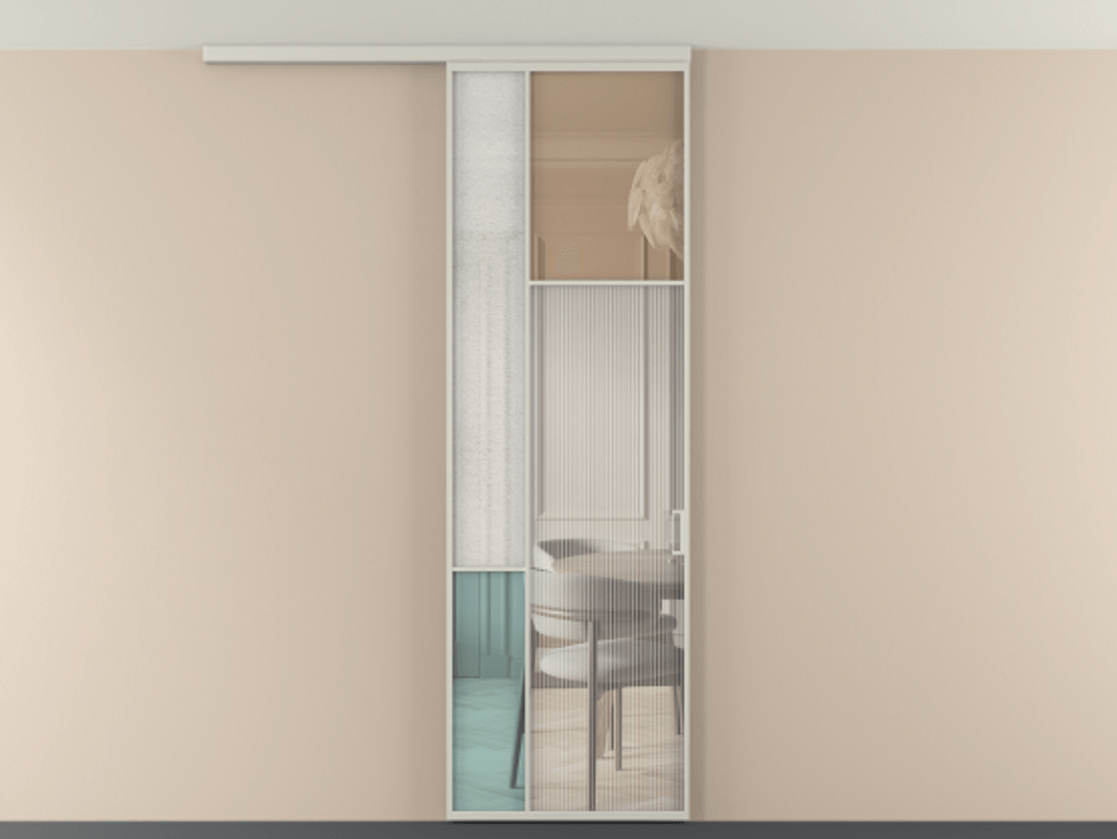 Перегородка Мозаик вдоль стены на потолок 1 створка АЛПР 041.11 Алюминий тёплый серый Комбинация стекол Группы 1 и Группы 3 Цена 141040 ₽ | Volhovec