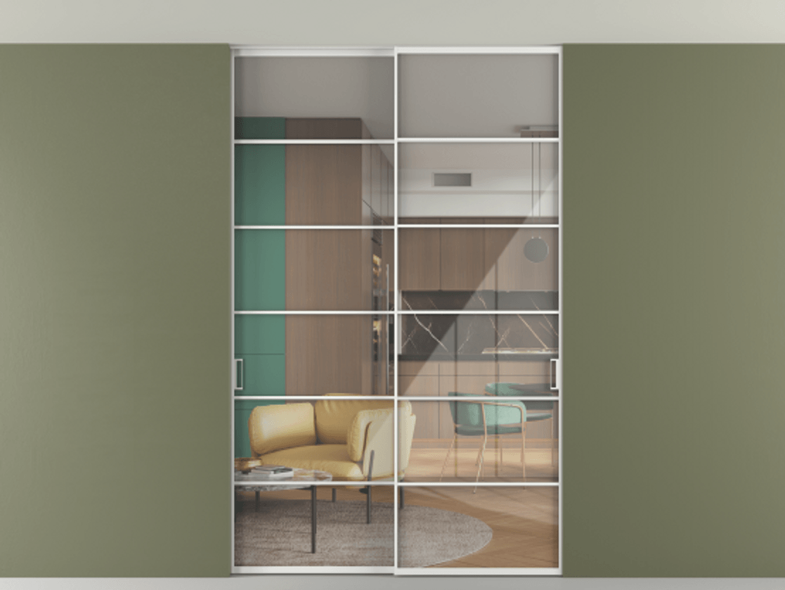 Перегородка Формато внутри проёма скрытое крепление в потолок 2 створки АЛПР 040.04 Алюминий белоснежный Рефлективное прозрачное стекло "Стопсол", калёное Цена 322680 ₽ | Volhovec