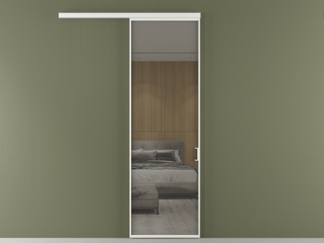 Перегородка Formato вдоль стены 1 створка АЛПР 040.01 Алюминий белоснежный Рефлективное серое стекло "Stopsol", калёное Цена 123700 ₽  | Volhovec