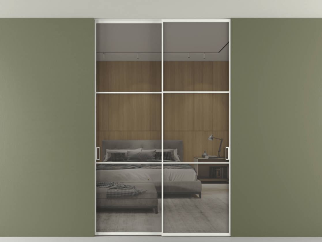 Перегородка Формато внутри проёма скрытое крепление в потолок 2 створки АЛПР 040.03 Алюминий светло-серый Рефлективное серое стекло "Стопсол", калёное Цена 305520 ₽ | Volhovec