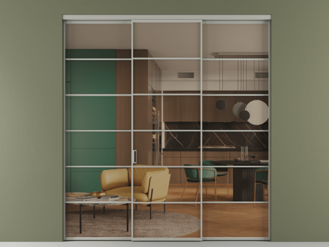 Перегородка Formato внутри проёма 3 створки АЛПР 040.04 Алюминий нейтральный серый Прозрачное бронзовое стекло, триплекс Цена 254825 ₽ | Volhovec