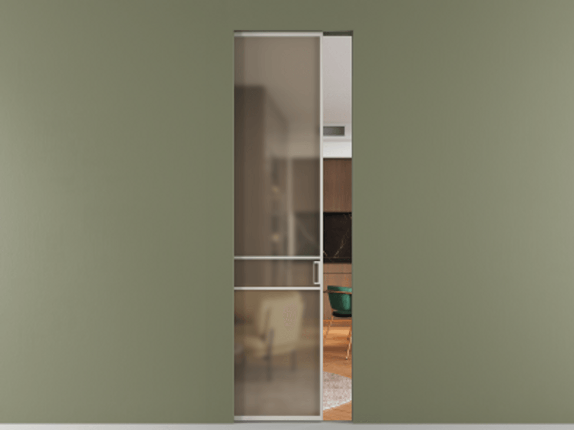 Перегородка Formato скрытый пенал 1 створка АЛПР 040.02 Алюминий тёплый серый Сатинированное бронзовое стекло, триплекс Цена 155380 ₽ | Volhovec