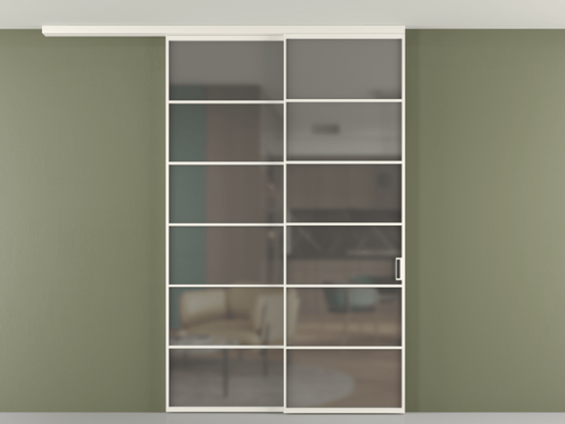 Перегородка Формато вдоль стены на потолок 2 створки с синхронным механизмом АЛПР 040.04 Алюминий пудровый белый Сатинированное серое стекло, триплекс Цена 328180 ₽ | Volhovec