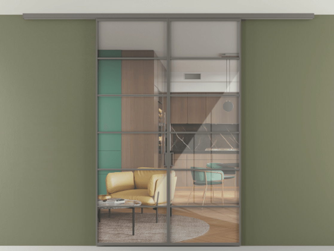 Перегородка Formato вдоль стены на потолок 2 створки АЛПР 040.04 Алюминий классический серый Рефлективное прозрачное стекло "Stopsol", калёное Цена 380130 сом | Volhovec