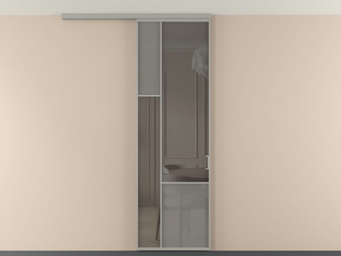 Перегородка Мозаик вдоль стены на потолок 1 створка АЛПР 041.13 Алюминий нейтральный серый Сатинированное серое стекло, триплекс, 6 мм + Прозрачное серое стекло, триплекс Цена 135040 ₽ | Volhovec