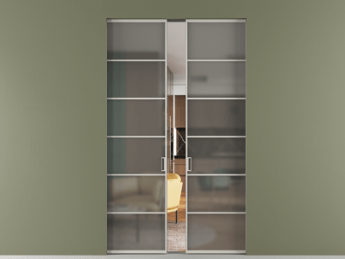Перегородка Формато скрытый пенал 2 створки АЛПР 040.04 Алюминий тёплый серый Сатинированное серое стекло, триплекс Цена 291380 ₽ | Volhovec