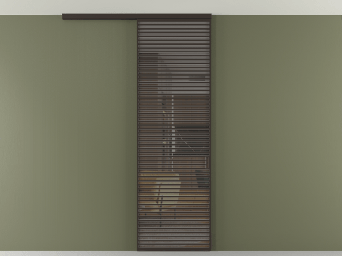 Перегородка Формато вдоль стены на потолок 1 створка АЛПР 040.07 Алюминий антрацит Прозрачное серое стекло, триплекс Цена 187228 ₽ | Volhovec