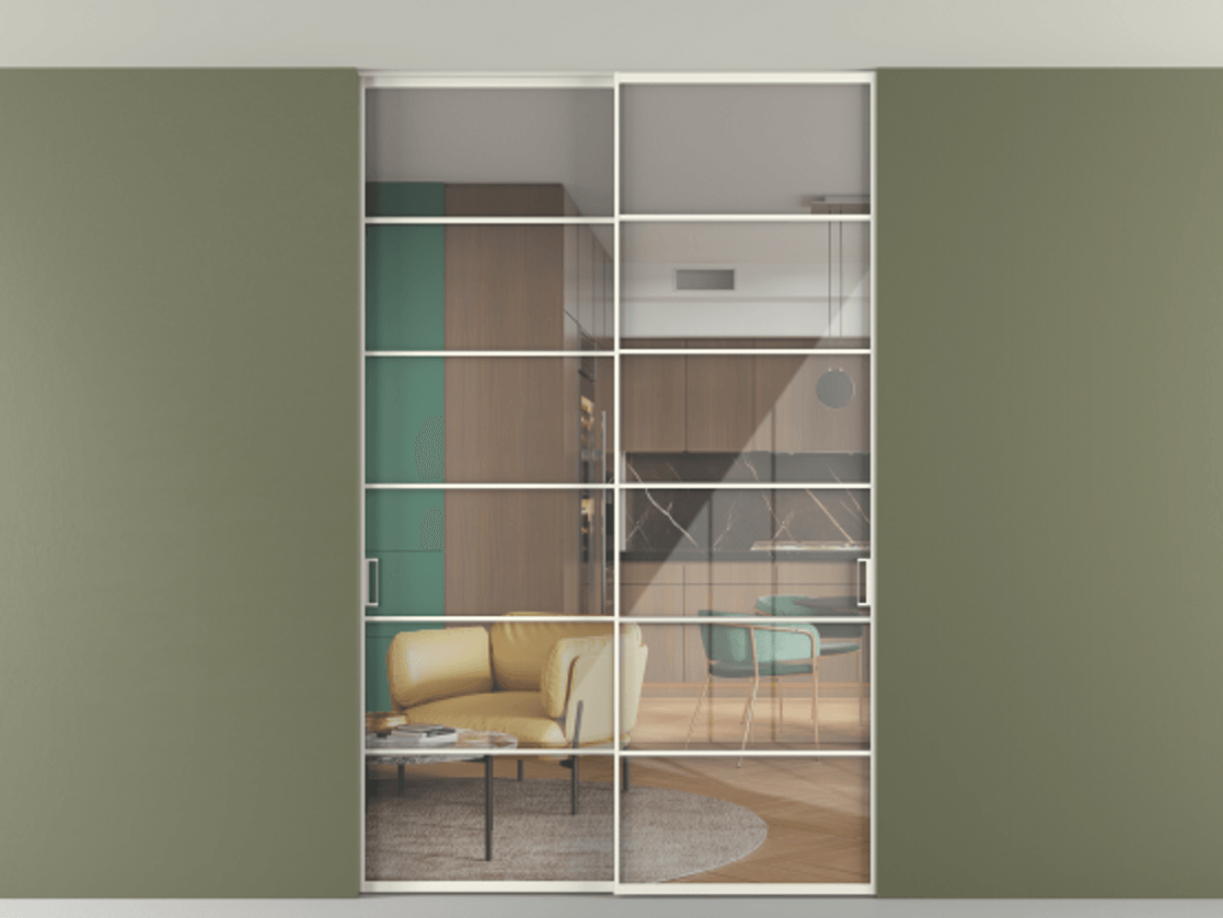 Перегородка Формато внутри проёма скрытое крепление в потолок 2 створки АЛПР 040.04 Алюминий жемчужный Рефлективное прозрачное стекло "Стопсол", калёное Цена 322680 ₽ | Volhovec