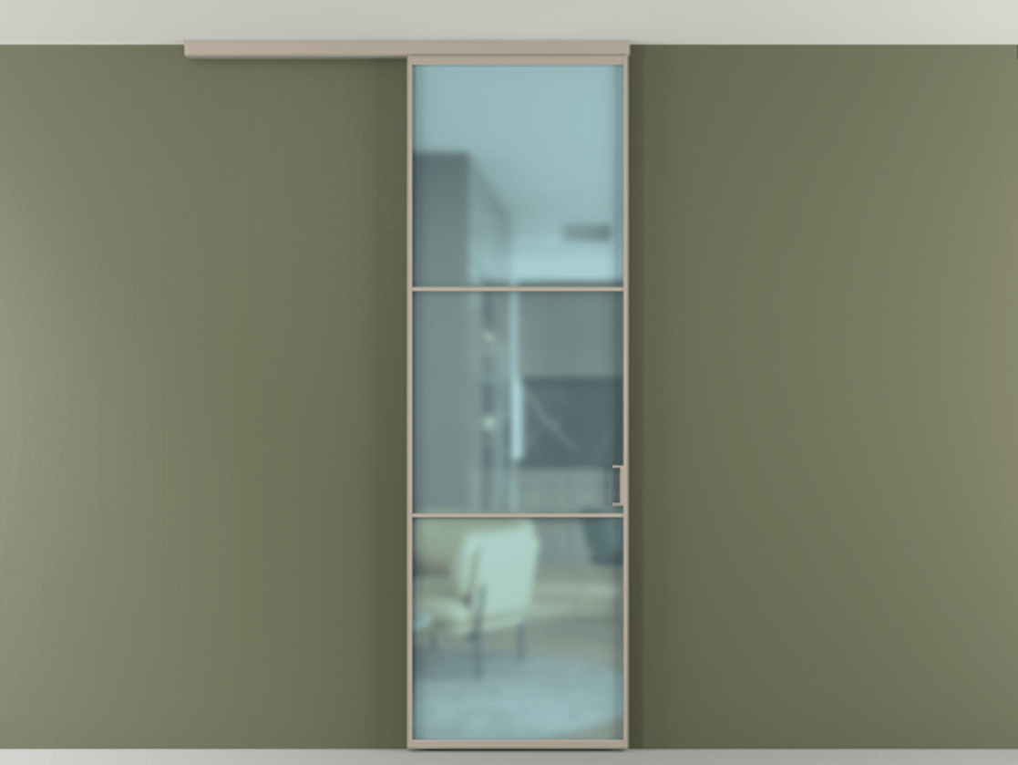 Перегородка Формато вдоль стены на потолок 1 створка АЛПР 040.03 Алюминий бисквитный Сатинированное голубое стекло, триплекс Цена 100988 ₽ | Volhovec