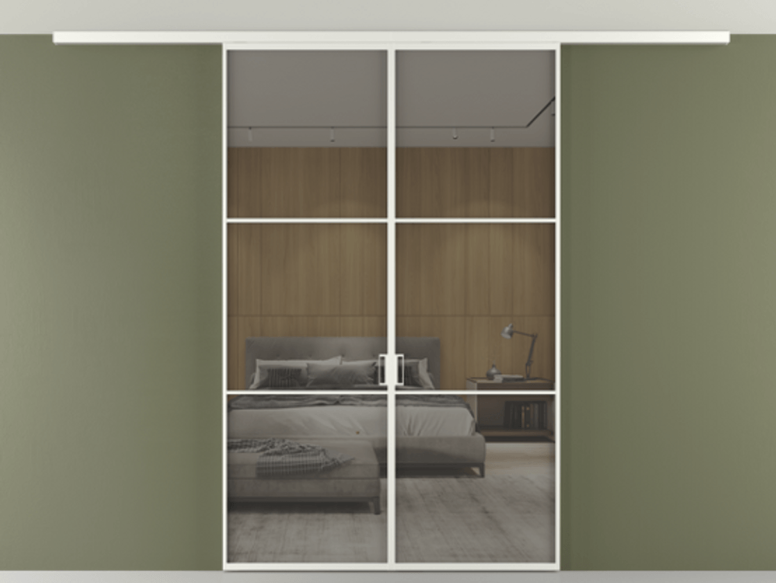 Перегородка Формато вдоль стены на потолок 2 створки АЛПР 040.03 Алюминий светло-серый Рефлективное серое стекло "Стопсол", калёное Цена 243920 ₽ | Volhovec