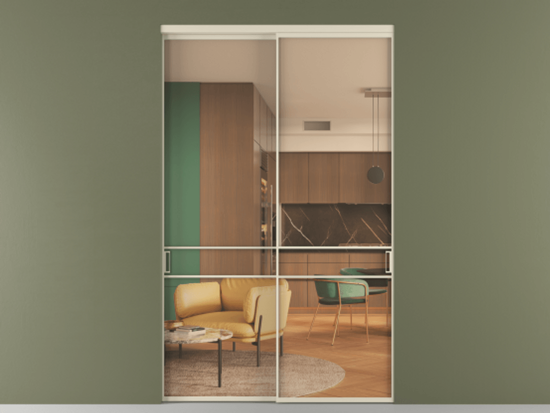 Перегородка Формато внутри проёма 2 створки АЛПР 040.02 Алюминий бежево-серый Прозрачное оранжевое стекло, триплекс Цена 432260 ₽  | Volhovec