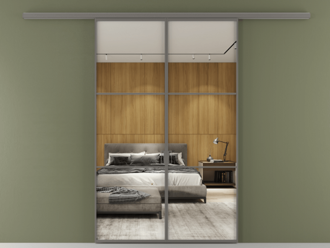 Перегородка Формато вдоль стены 2 створки АЛПР 040.03 Алюминий классический серый Двустороннее зеркало, триплекс , триплекс 6 мм Цена 1318110 AMD | Volhovec