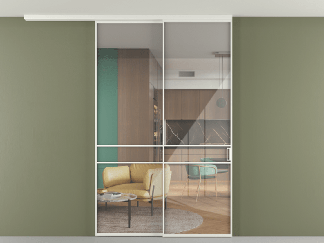 Перегородка Формато вдоль стены на потолок 2 створки с синхронным механизмом АЛПР 040.02 Алюминий светло-серый Рефлективное прозрачное стекло "Стопсол", калёное Цена 327020 ₽ | Volhovec