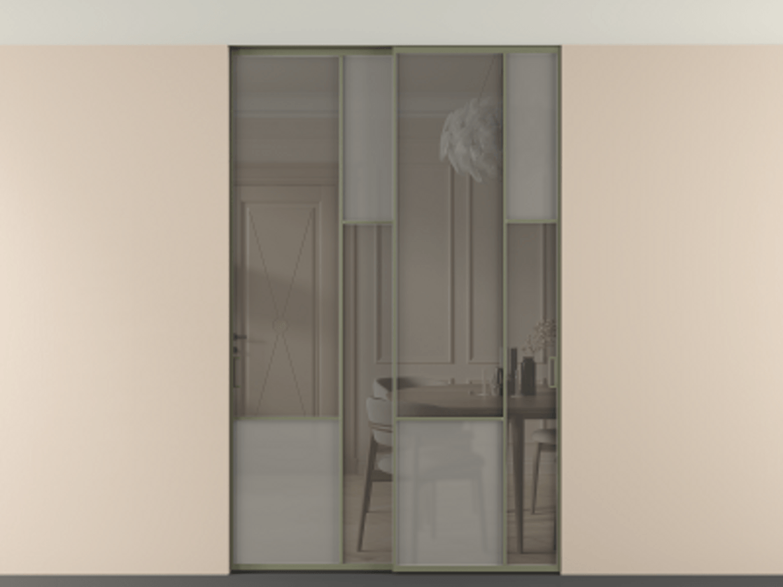 Перегородка Мозаик внутри проёма скрытое крепление в потолок 2 створки АЛПР 041.12 Алюминий оливковый тёмный Сатинированное серое стекло, триплекс, 6 мм + Прозрачное серое стекло, триплекс Цена 324580 ₽ | Volhovec