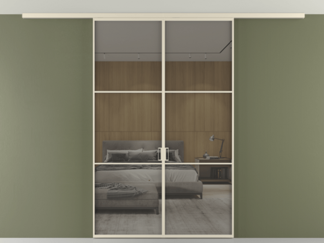 Перегородка Формато вдоль стены на потолок 2 створки АЛПР 040.03 Алюминий бежево-серый Рефлективное серое стекло "Стопсол", калёное Цена 243920 ₽ | Volhovec