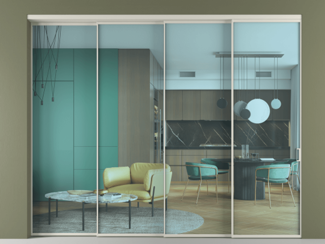 Перегородка Формато внутри проёма 4 створки с синхронным механизмом АЛПР 040.01 Алюминий тёплый серый Прозрачное голубое стекло, триплекс Цена 432500 ₽ | Volhovec