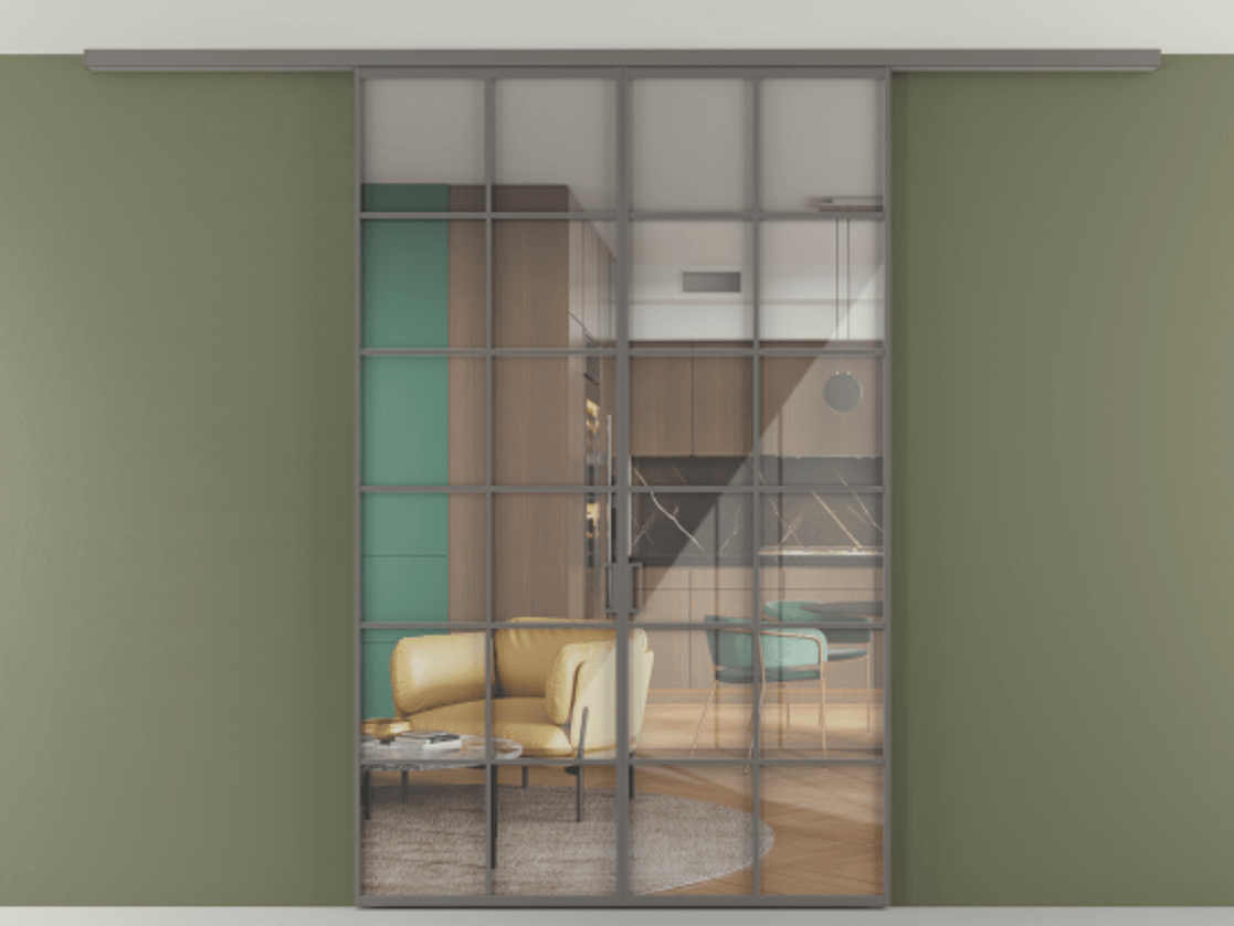 Перегородка Формато вдоль стены на потолок 2 створки АЛПР 040.05 Алюминий классический серый Рефлективное прозрачное стекло "Стопсол", калёное Цена 221404 ₽ | Volhovec