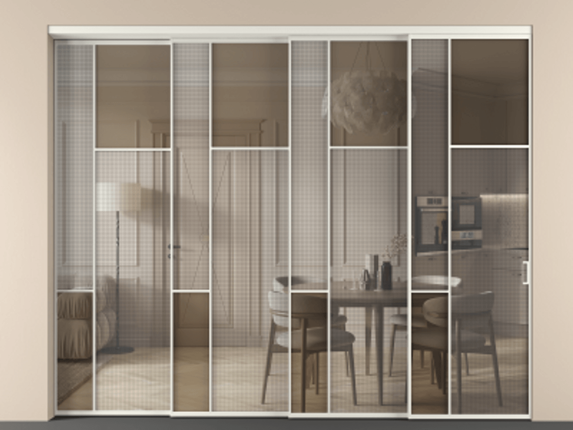 Перегородка Mosaic внутри проема телескопик синхро-4 АЛПР 041.11 Алюминий серый Mesh silver + Бронза прозрачное триплекс Цена 550580 ₽ | Volhovec