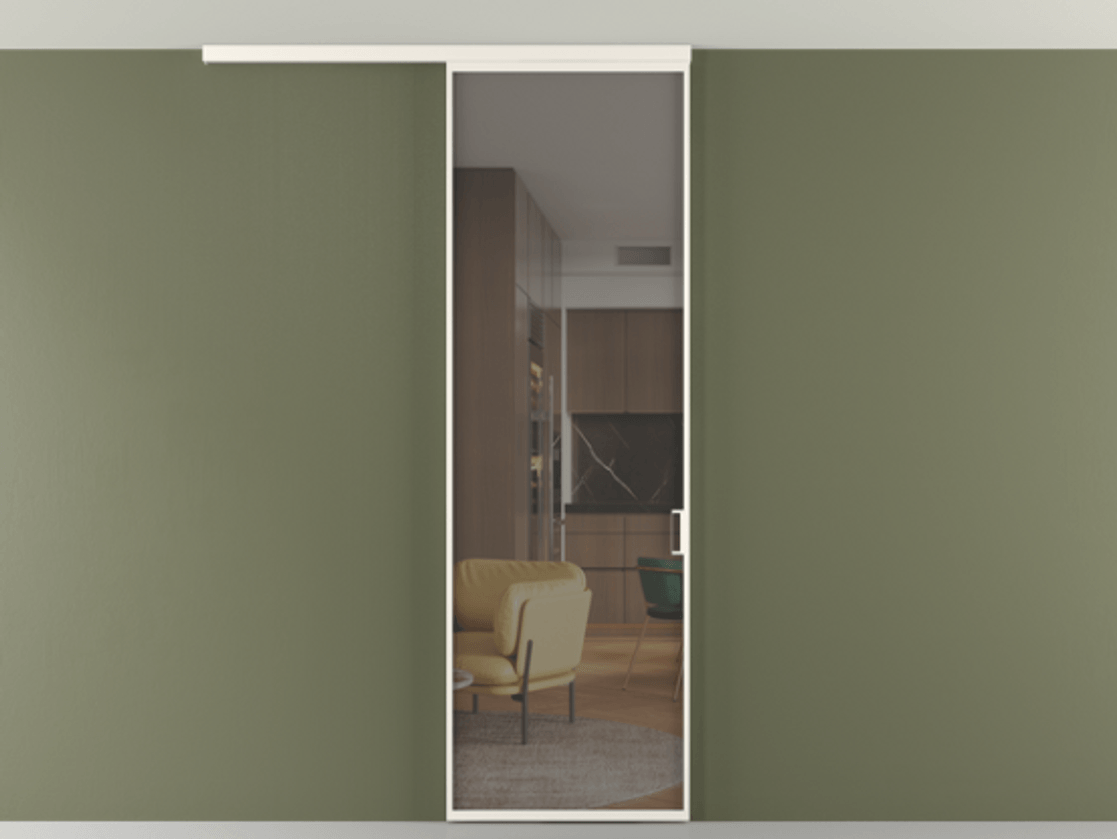 Перегородка Формато вдоль стены на потолок 1 створка АЛПР 040.01 Алюминий пудровый белый Прозрачное серое стекло, триплекс Цена 92403 ₽ | Volhovec