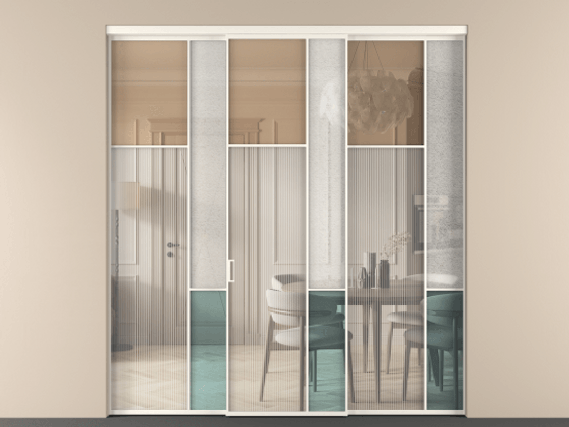 Перегородка Mosaic внутри проёма трёхстворчатая АЛПР 041.10 Алюминий пудровый белый Комбинация стекол Группы 1 и Группы 3 Цена 359390 ₽ | Volhovec