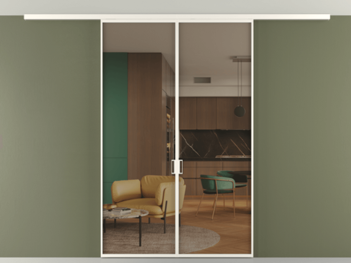 Перегородка Формато вдоль стены на потолок 2 створки АЛПР 040.01 Алюминий пудровый белый Прозрачное бронзовое стекло, триплекс Цена 216040 ₽ | Volhovec