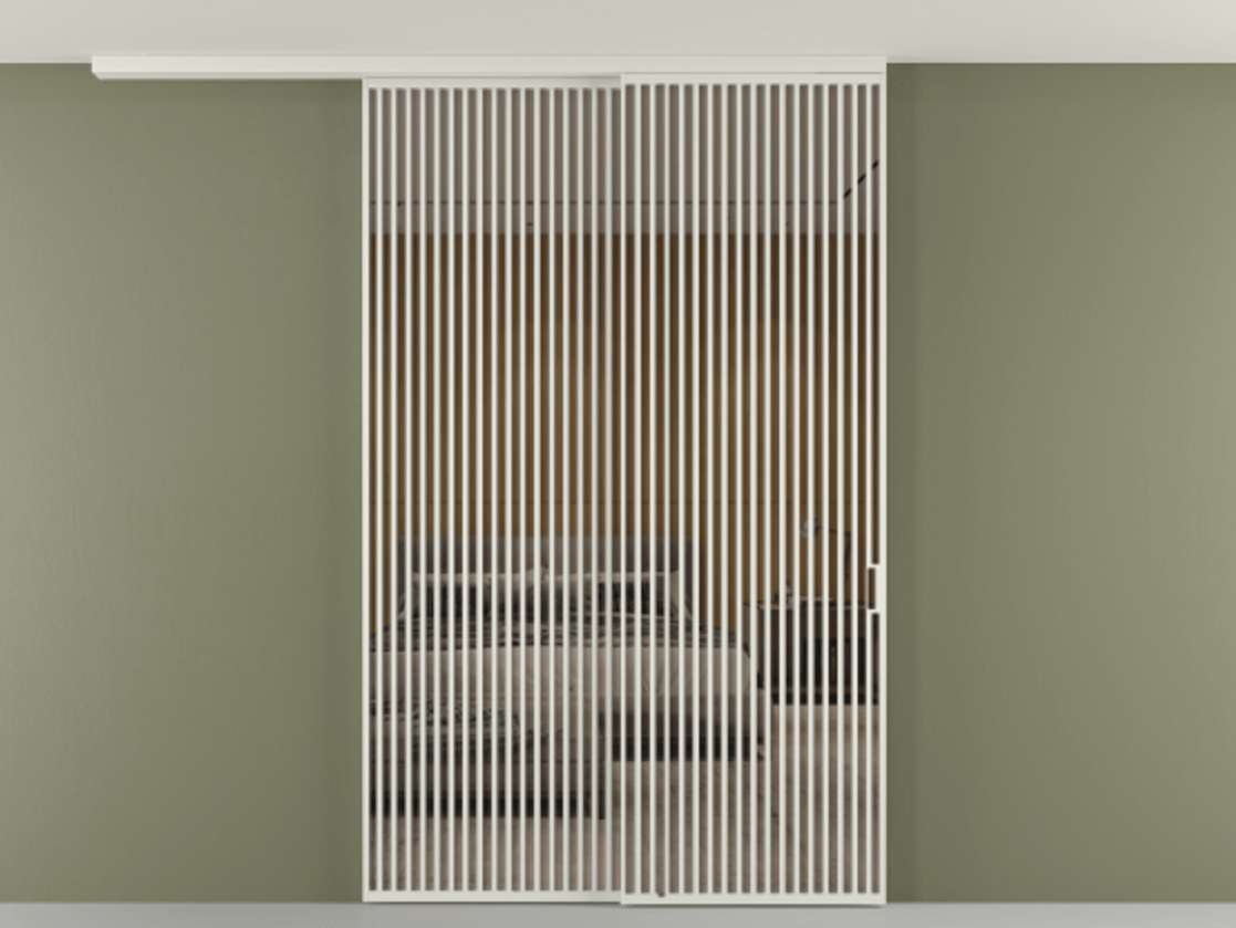 Перегородка Формато вдоль стены на потолок 2 створки с синхронным механизмом АЛПР 040.06 Алюминий серый Рефлективное бронзовое стекло "Стопсол", калёное Цена 463256 ₽ | Volhovec