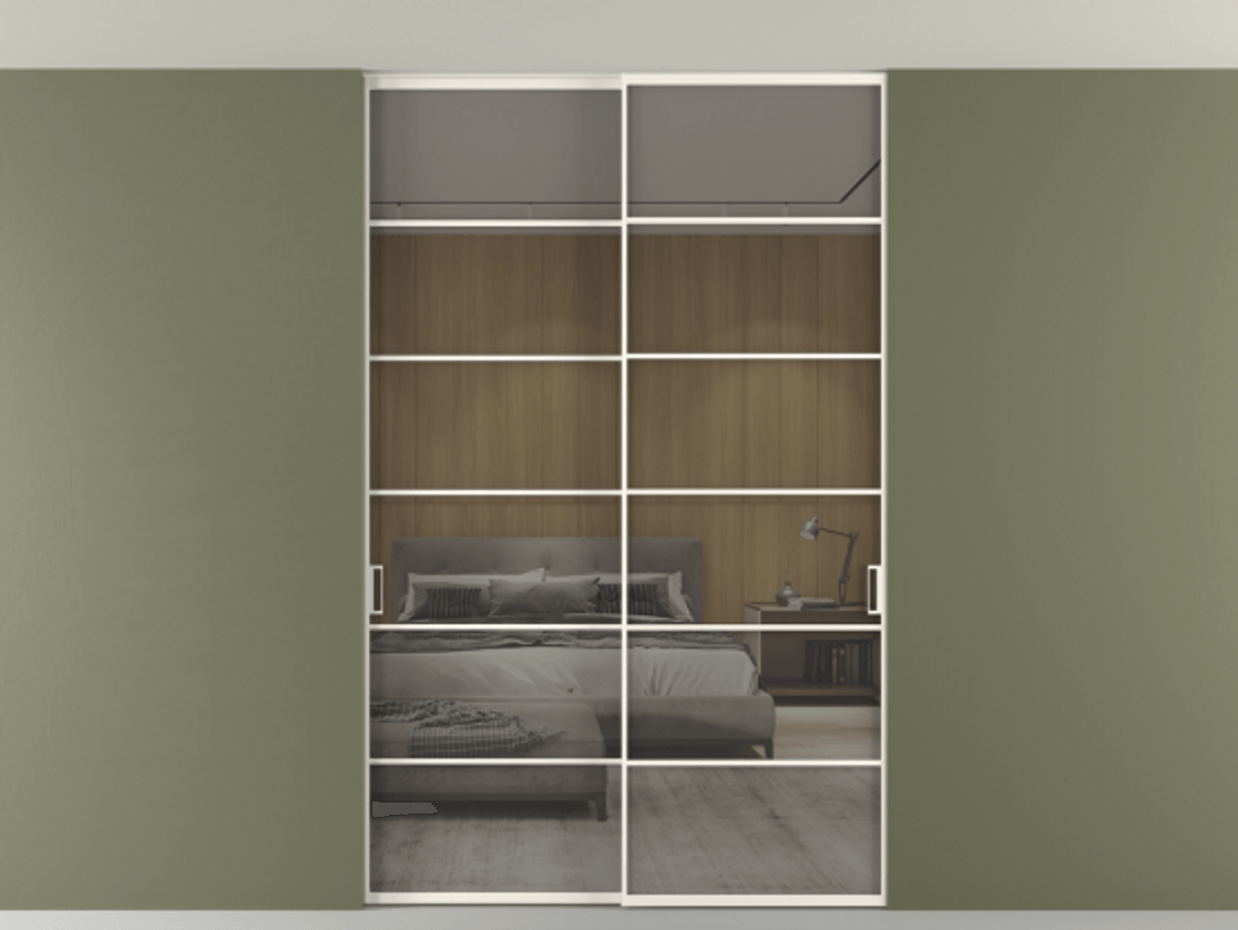 Перегородка Formato внутри проёма скрытое крепление в потолок 2 створки АЛПР 040.04 Алюминий пудровый белый Рефлективное серое стекло "Stopsol", калёное Цена 322680 ₽ | Volhovec