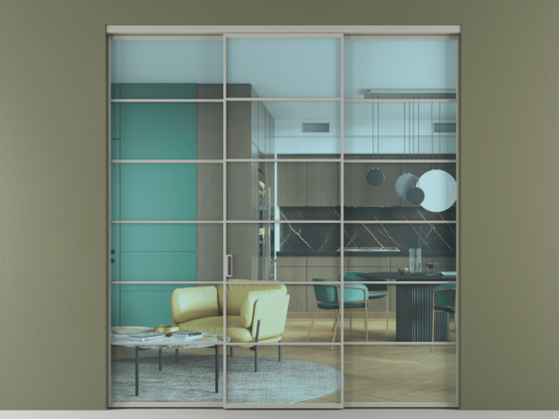 Перегородка Формато внутри проёма 3 створки АЛПР 040.04 Алюминий нейтральный серый Прозрачное голубое стекло, триплекс Цена 254825 ₽ | Volhovec