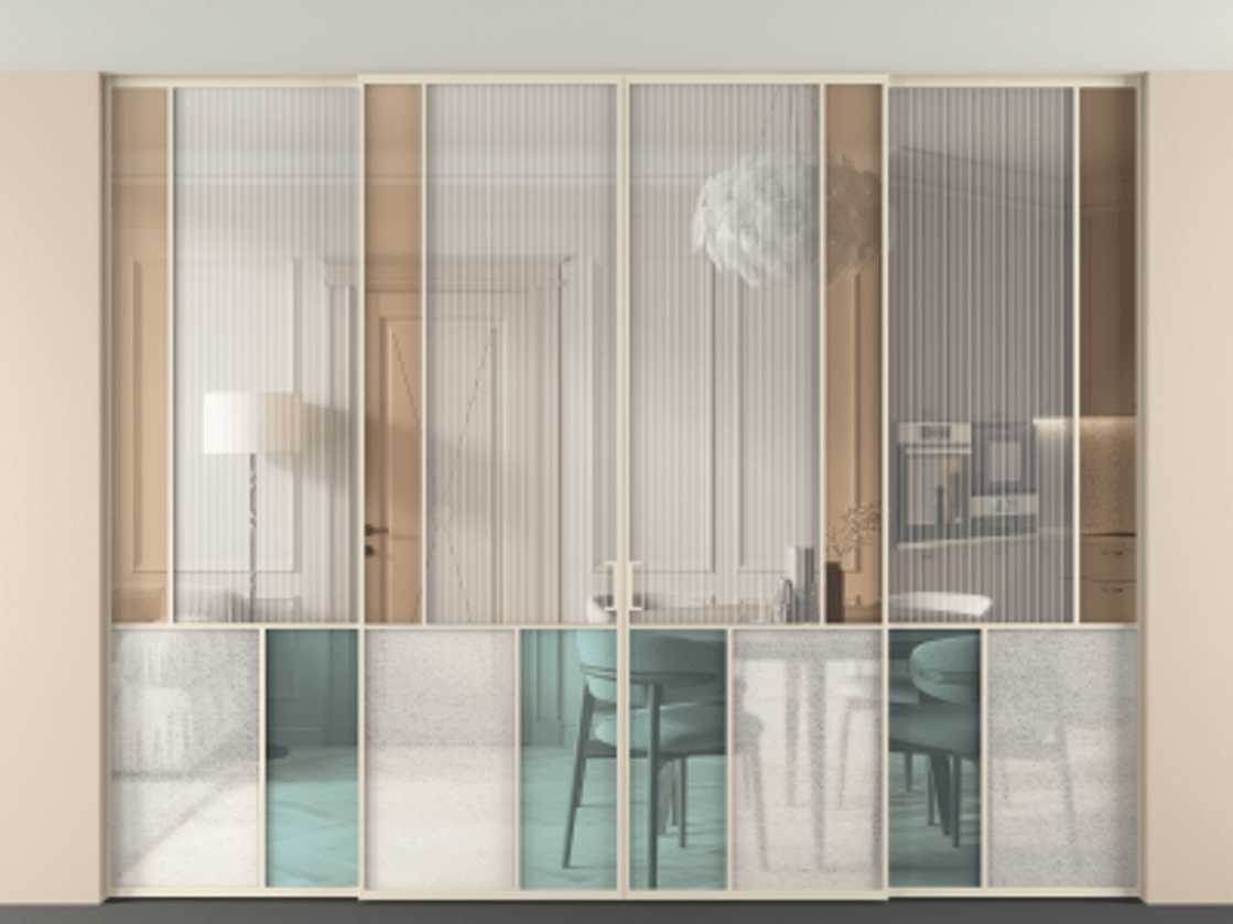 Перегородка Mosaic внутри проёма скрытое крепление в потолок 4 створки АЛПР 041.21 Алюминий бежево-серый Комбинация стекол Группы 1 и Группы 3 Цена 617260 ₽ | Volhovec