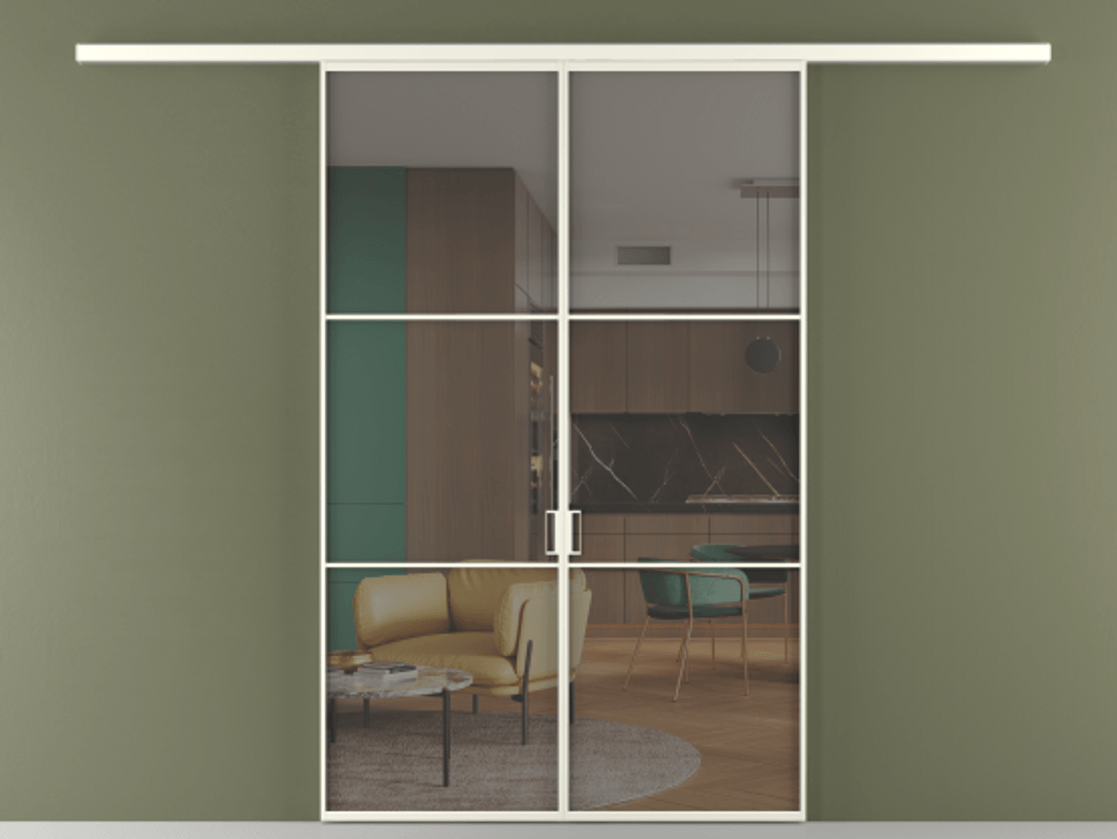 Перегородка Formato вдоль стены 2 створки АЛПР 040.03 Алюминий жемчужный Прозрачное серое стекло, триплекс Цена 233000 ₽ | Volhovec