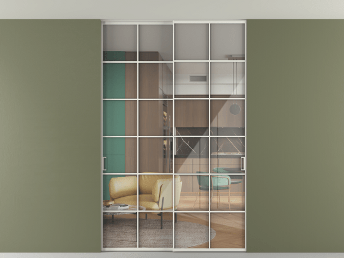 Перегородка Formato внутри проёма скрытое крепление в потолок 2 створки АЛПР 040.05 Алюминий серый Рефлективное прозрачное стекло "Stopsol", калёное Цена 322680 ₽ | Volhovec