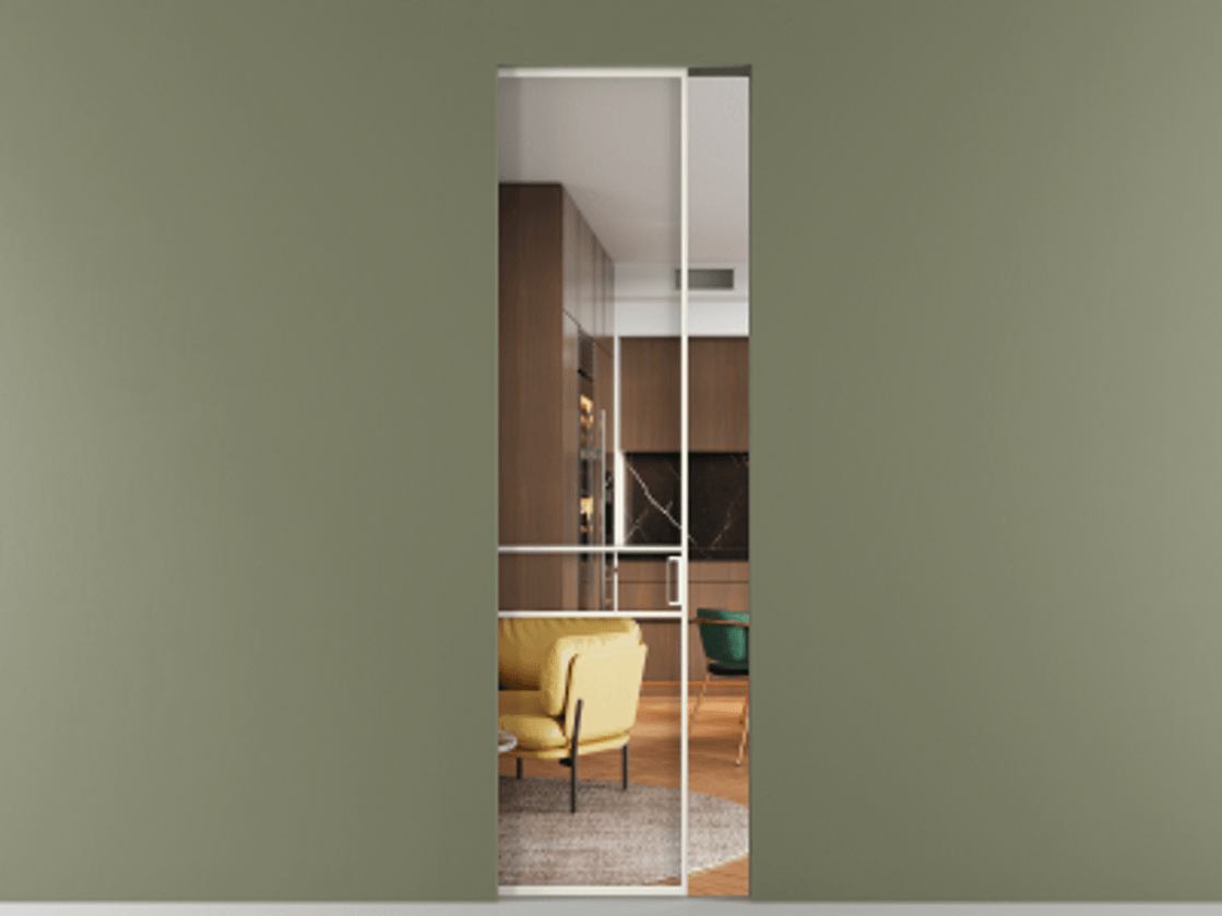 Перегородка Formato скрытый пенал 1 створка АЛПР 040.02 Алюминий жемчужный Прозрачное стекло "Crystal Vision", калёное Цена 178400 ₽ | Volhovec