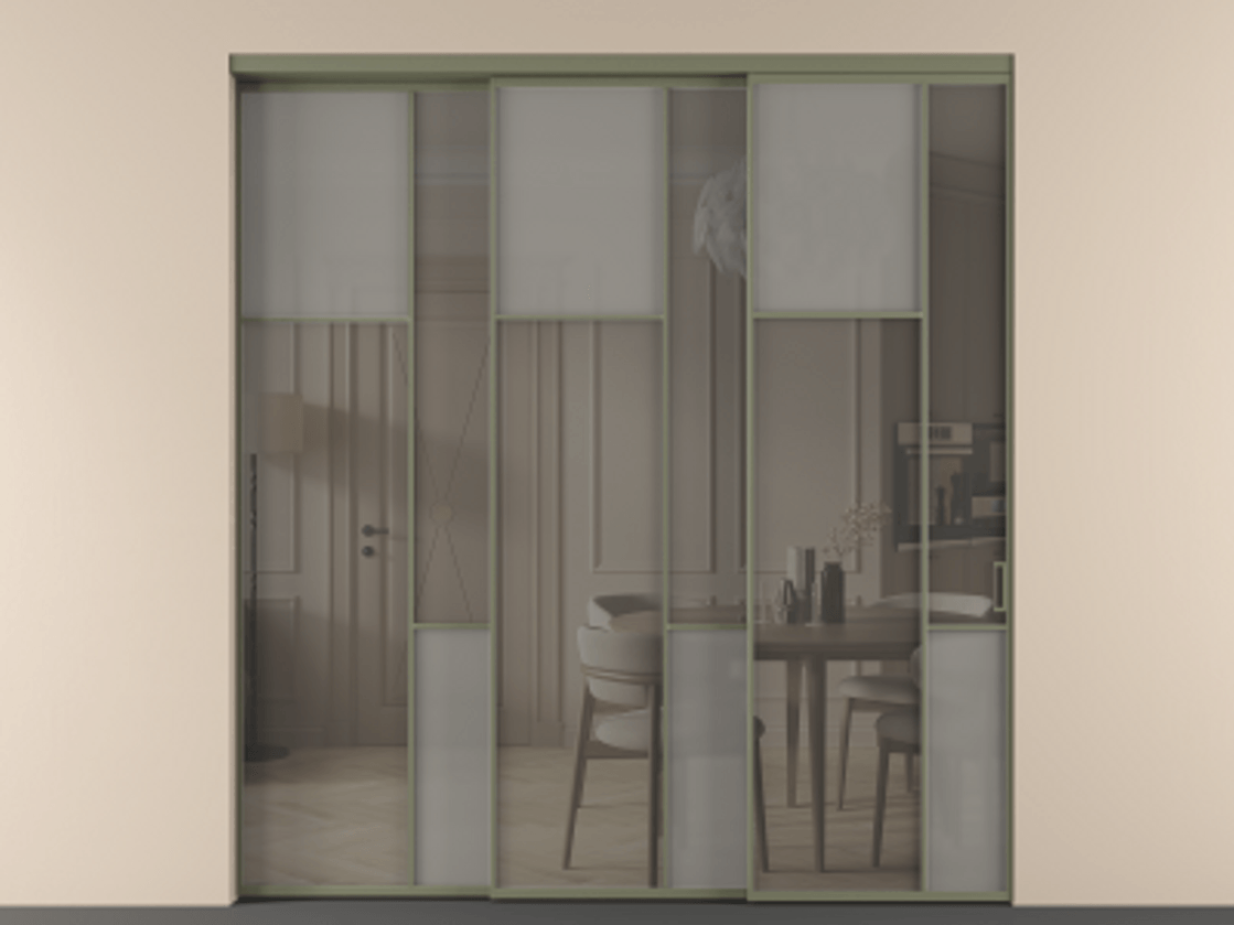 Перегородка Mosaic внутри проёма 3 створки с синхронным механизмом АЛПР 041.10 Алюминий оливковый тёмный Сатинированное серое стекло, триплекс, 6 мм + Прозрачное серое стекло, триплекс Цена 437390 ₽ | Volhovec