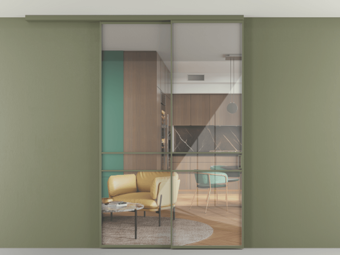 Перегородка Формато вдоль стены на потолок 2 створки с синхронным механизмом АЛПР 040.02 Алюминий оливковый тёмный Рефлективное прозрачное стекло "Стопсол", калёное Цена 290776 ₽ | Volhovec