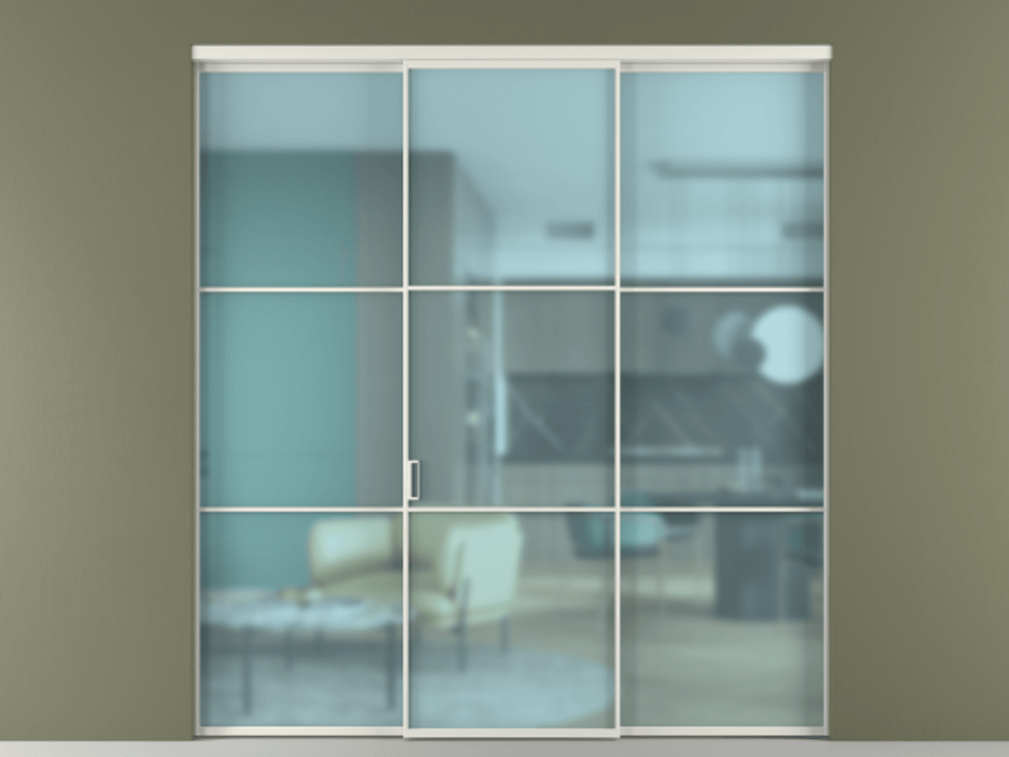 Перегородка Формато внутри проёма 3 створки АЛПР 040.03 Алюминий серый Сатинированное голубое стекло, триплекс Цена 237275 ₽ | Volhovec