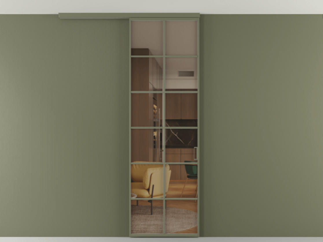 Перегородка Формато вдоль стены на потолок 1 створка АЛПР 040.05 Алюминий оливковый тёмный Прозрачное бронзовое стекло, триплекс Цена 107852 ₽ | Volhovec