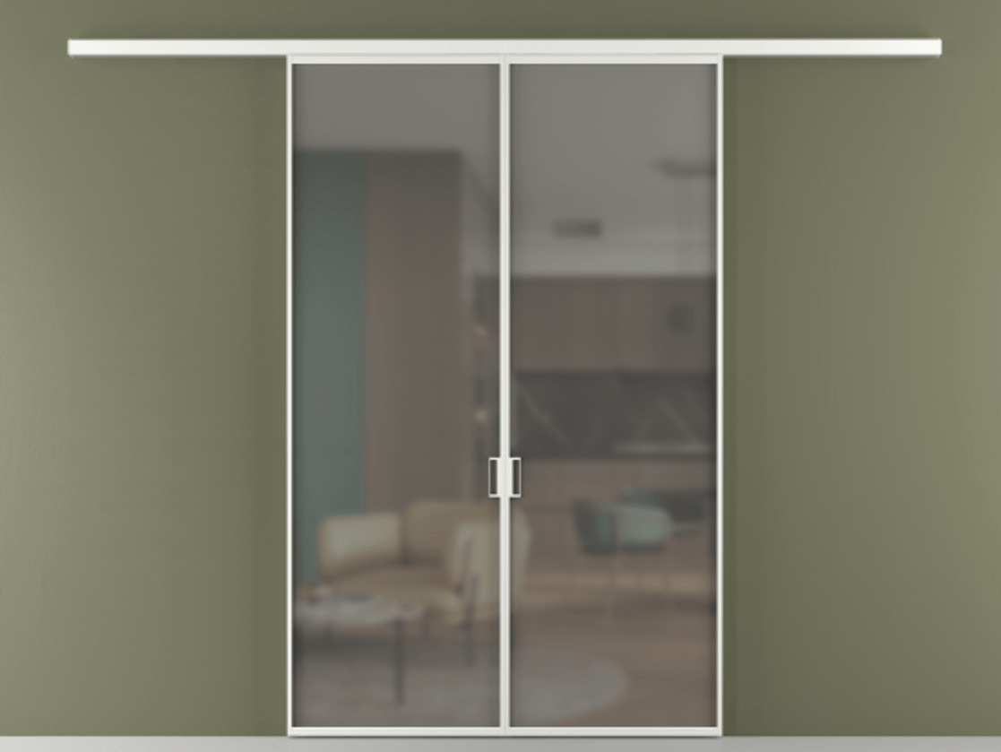 Перегородка Формато вдоль стены 2 створки АЛПР 040.01 Алюминий белоснежный Сатинированное серое стекло, триплекс Цена 187350 ₽ | Volhovec