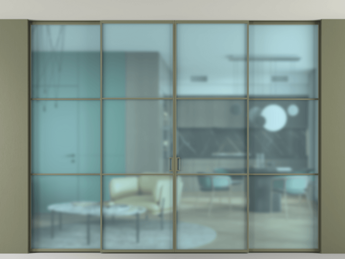 Перегородка Formato внутри проёма скрытое крепление в потолок 4 створки АЛПР 040.03 Алюминий оливковый тёмный Сатинированное голубое стекло, триплекс Цена 457052 ₽ | Volhovec