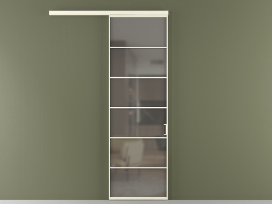 Перегородка Формато вдоль стены 1 створка АЛПР 040.04 Алюминий молочно-белый Сатинированное серое стекло, триплекс Цена 112320 ₽  | Volhovec