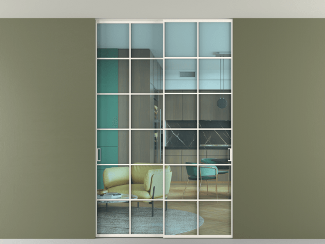 Перегородка Формато внутри проёма скрытое крепление в потолок 2 створки АЛПР 040.05 Алюминий пудровый белый Прозрачное голубое стекло, триплекс Цена 261085 ₽ | Volhovec