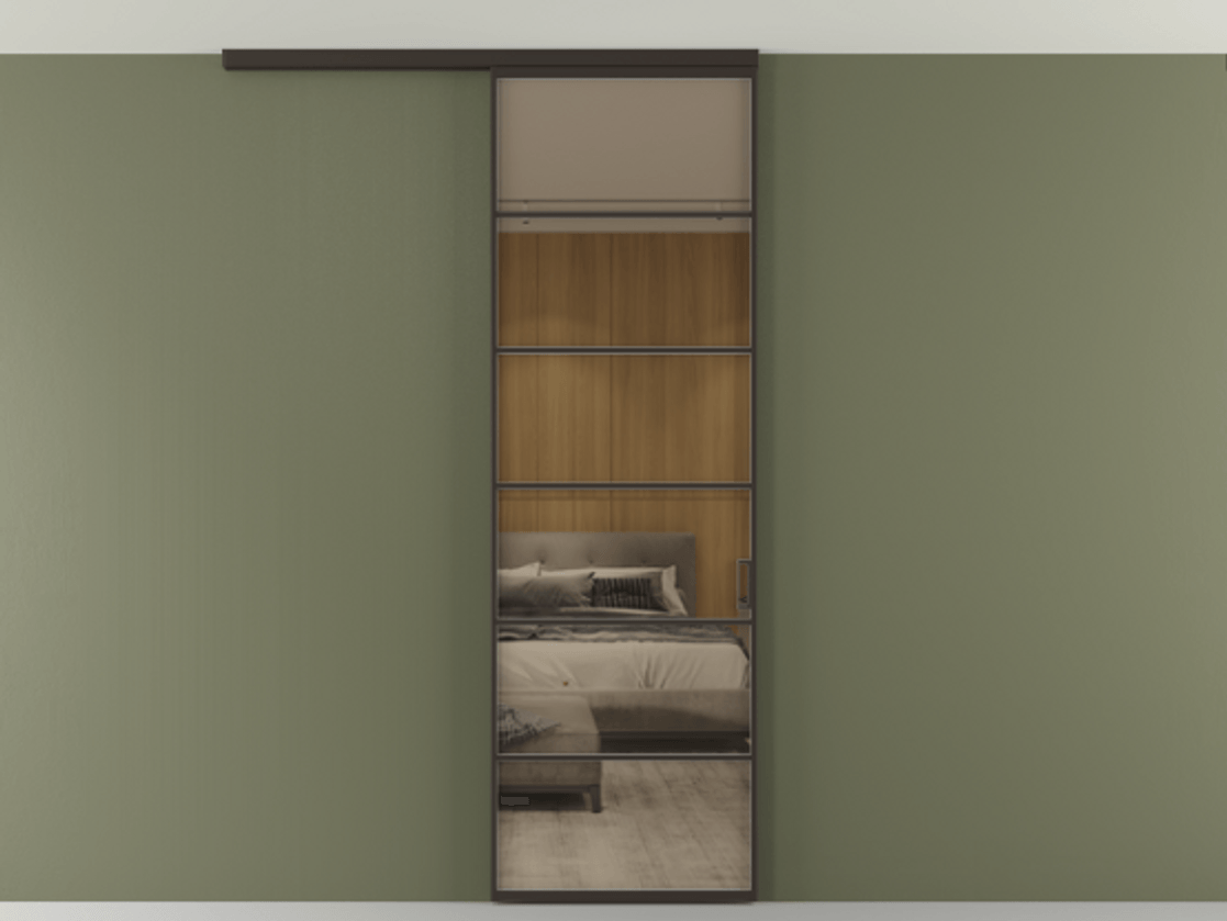 Перегородка Формато вдоль стены на потолок 1 створка АЛПР 040.04 Алюминий антрацит Рефлективное бронзовое стекло "Стопсол", калёное Цена 114252 ₽ | Volhovec