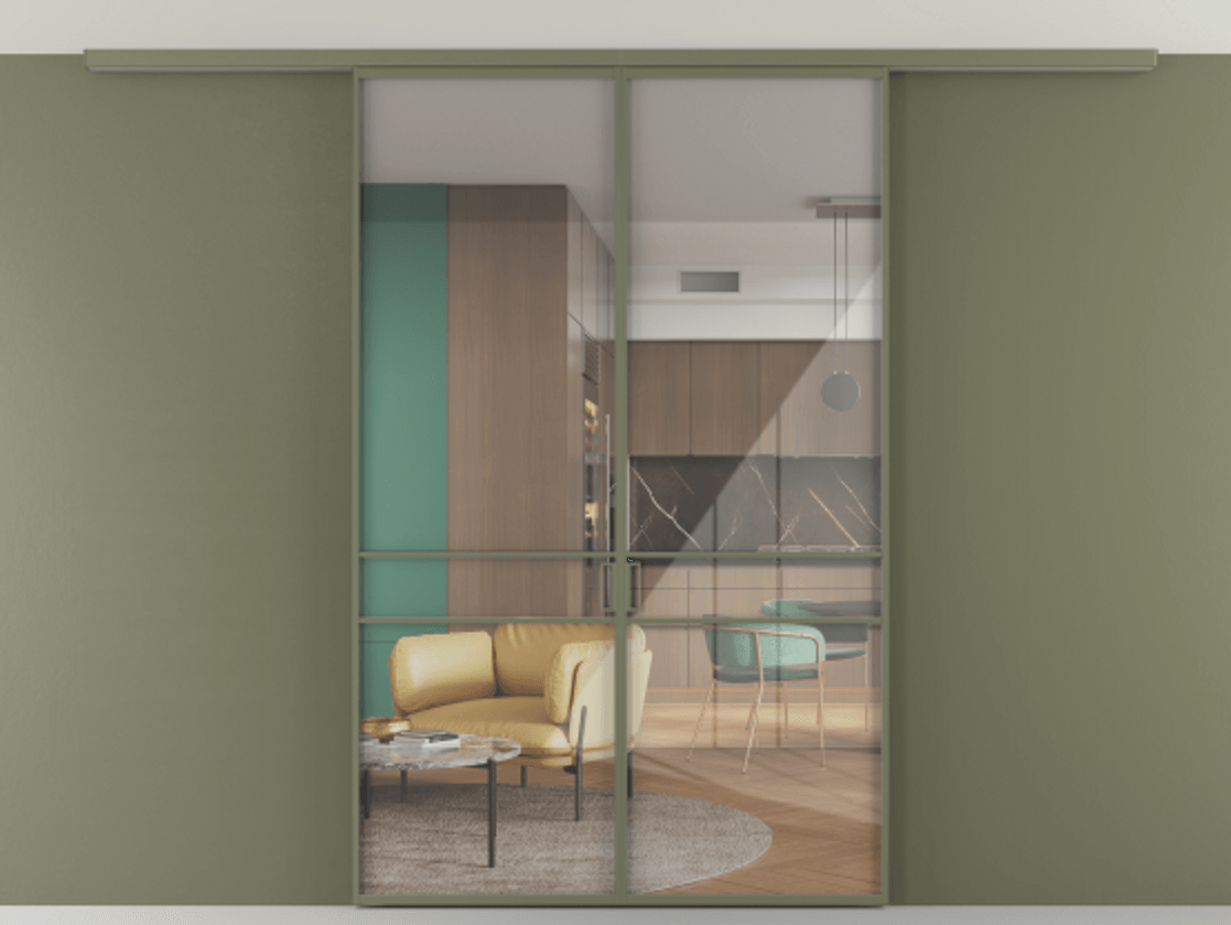 Перегородка Формато вдоль стены на потолок 2 створки АЛПР 040.02 Алюминий оливковый тёмный Рефлективное прозрачное стекло "Стопсол", калёное Цена 207676 ₽ | Volhovec