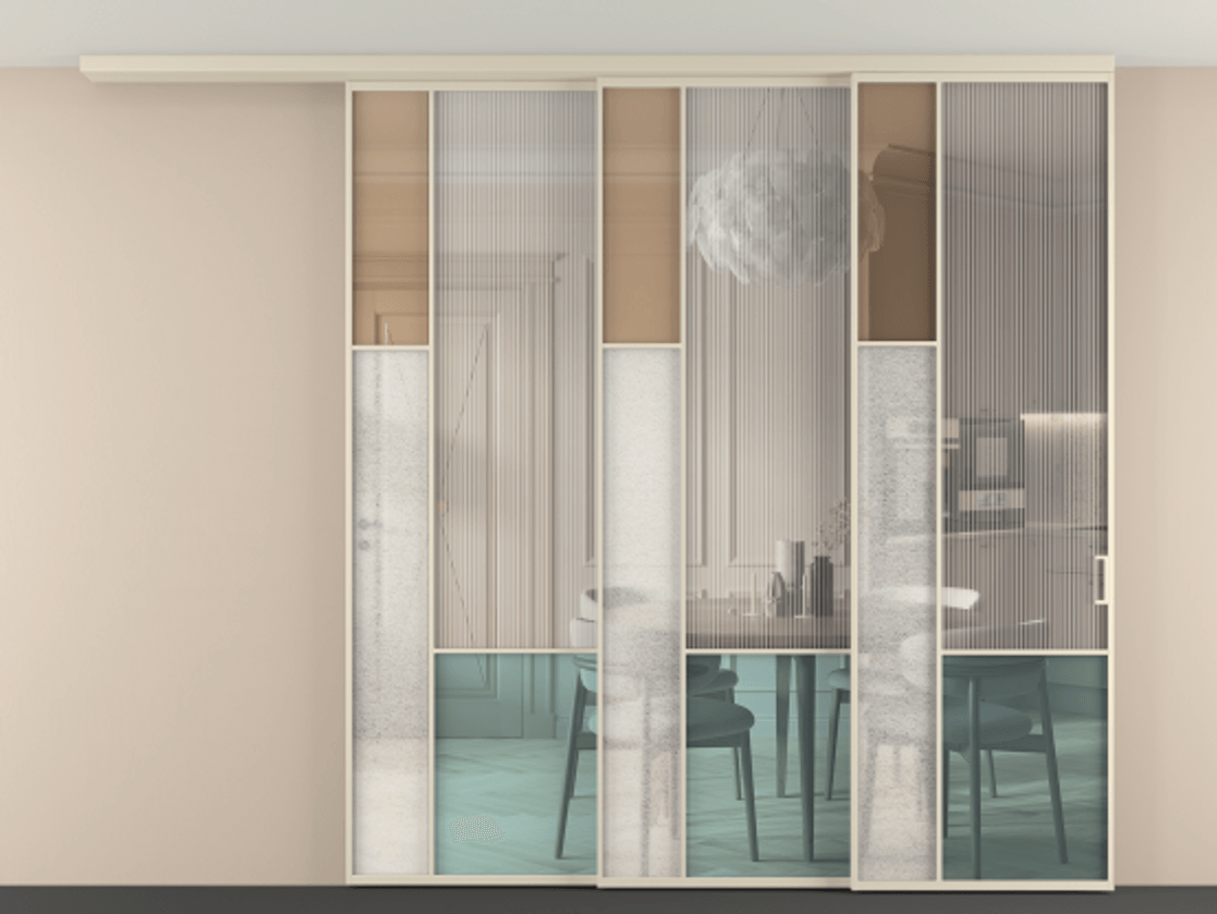 Перегородка Mosaic вдоль стены телескопик синхро 3 АЛПР 041.13 Алюминий бежево-серый Комбинация стекол Группы 1 и Группы 3 Цена 516520 ₽ | Volhovec